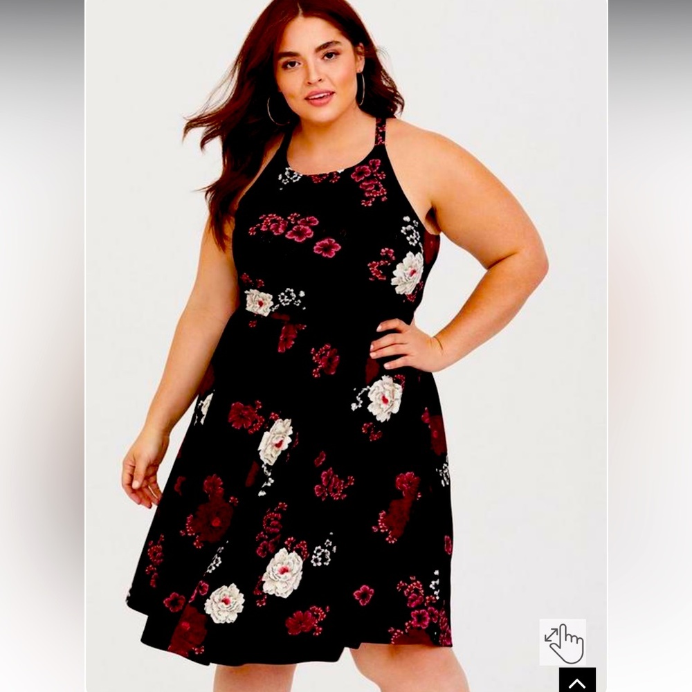 Mini textured knit floral skater dress Torrid 2 2x 18/20 black red high neck